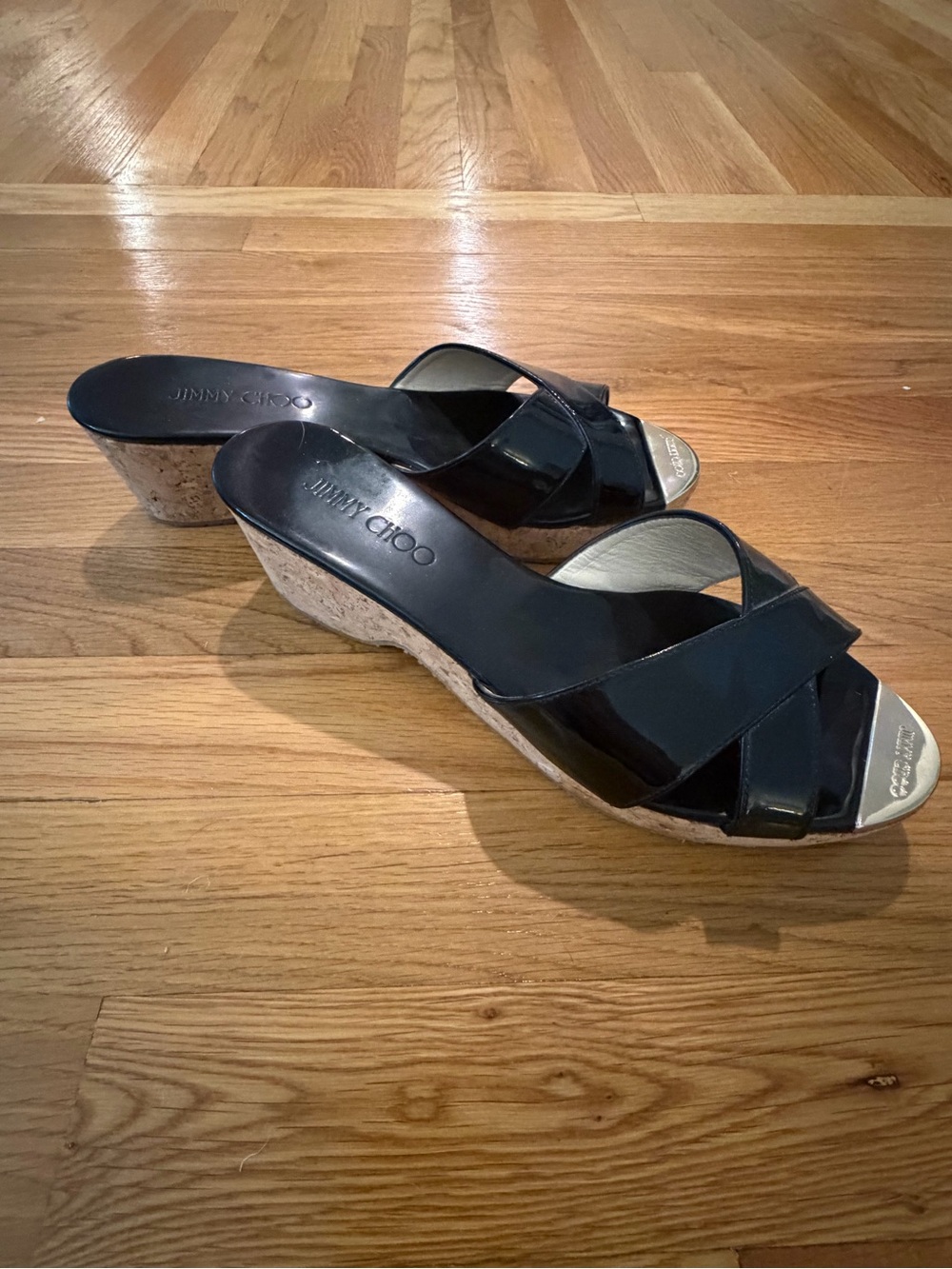 Jimmy Choo Black Patent Cork Wedge Sandals
